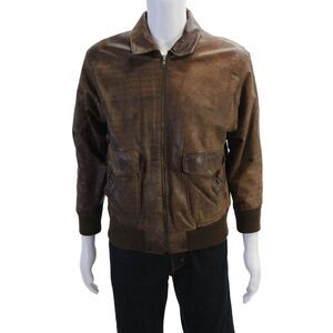 Global Indentity Men's Collared Long Sleeves Leather Bomber Jacket Brown Size M